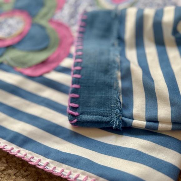 Boho Striped Floral Patch Top Oversized Ice Blue White Raw Edge Hand Stitch M/L - Picture 10 of 12